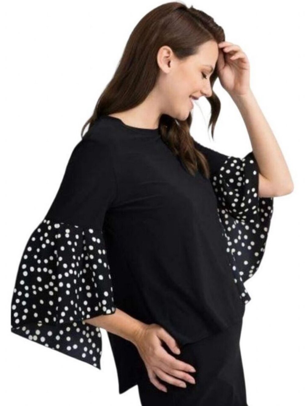 Joseph Ribkoff Black Blouse with White Polka Dot Bell Sleeves